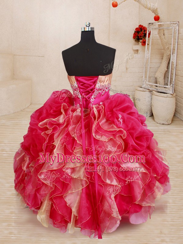 Wonderful Red Sleeveless Beading and Ruffles Floor Length Little Girls Pageant Dress