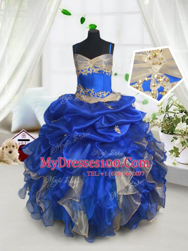 Elegant Pick Ups Blue and Champagne Sleeveless Organza Lace Up Kids Formal Wear for Quinceanera and Wedding Party