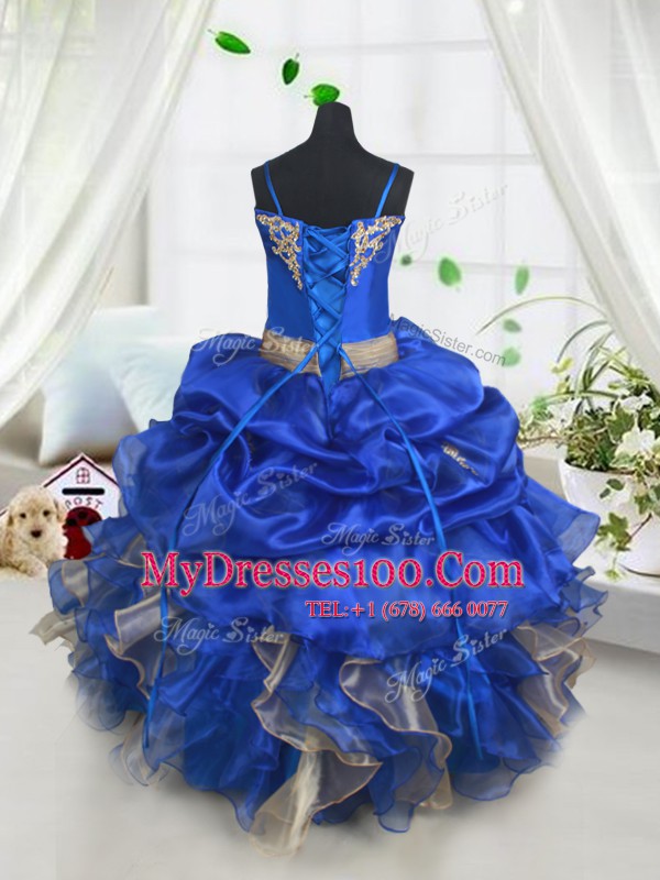 Elegant Pick Ups Blue and Champagne Sleeveless Organza Lace Up Kids Formal Wear for Quinceanera and Wedding Party