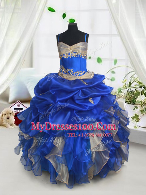 Elegant Pick Ups Blue and Champagne Sleeveless Organza Lace Up Kids Formal Wear for Quinceanera and Wedding Party