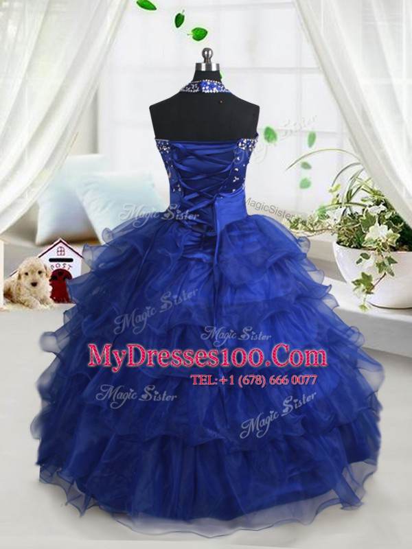 Spectacular Halter Top Organza Sleeveless Floor Length Little Girl Pageant Dress and Beading and Ruffled Layers