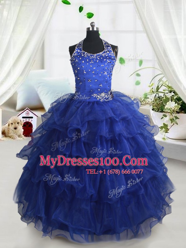 Spectacular Halter Top Organza Sleeveless Floor Length Little Girl Pageant Dress and Beading and Ruffled Layers