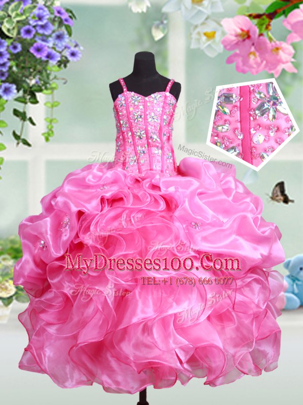 Dramatic Straps Rose Pink Ball Gowns Beading and Ruffles and Pick Ups Little Girls Pageant Gowns Lace Up Organza Sleeveless Floor Length