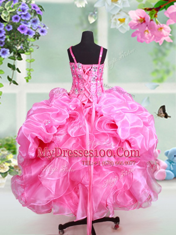 Dramatic Straps Rose Pink Ball Gowns Beading and Ruffles and Pick Ups Little Girls Pageant Gowns Lace Up Organza Sleeveless Floor Length
