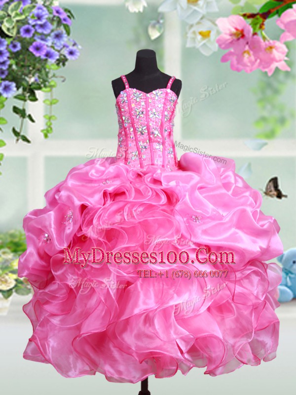 Dramatic Straps Rose Pink Ball Gowns Beading and Ruffles and Pick Ups Little Girls Pageant Gowns Lace Up Organza Sleeveless Floor Length
