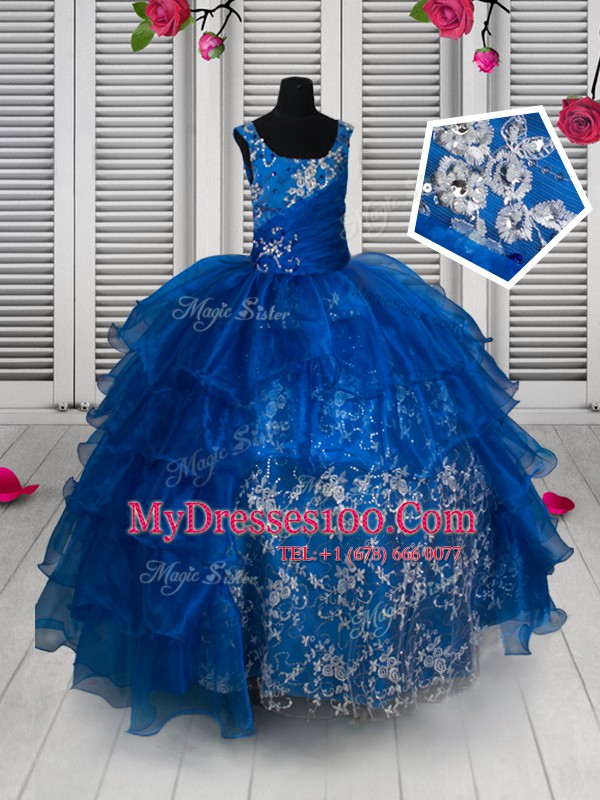 Royal Blue Scoop Neckline Beading and Lace and Ruffled Layers Pageant Gowns For Girls Sleeveless Lace Up