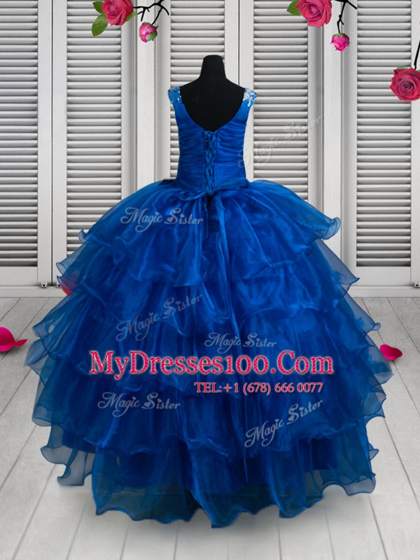 Royal Blue Scoop Neckline Beading and Lace and Ruffled Layers Pageant Gowns For Girls Sleeveless Lace Up