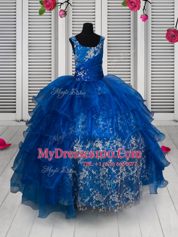 Royal Blue Scoop Neckline Beading and Lace and Ruffled Layers Pageant Gowns For Girls Sleeveless Lace Up