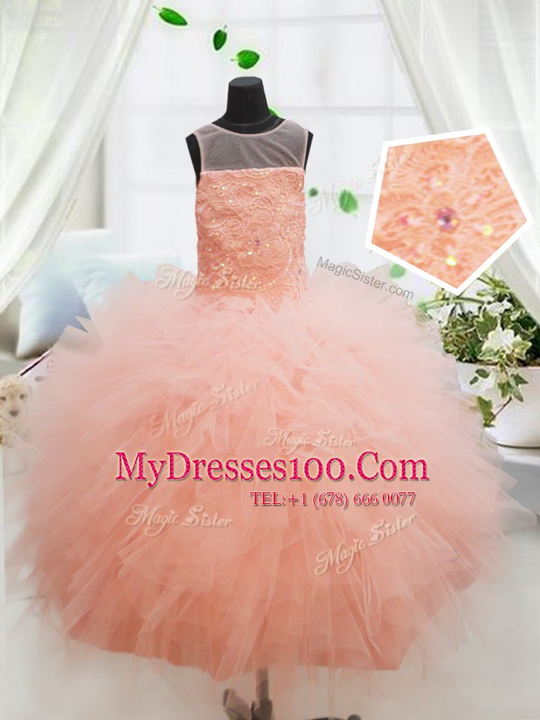 Delicate Peach Ball Gowns Scoop Sleeveless Tulle Floor Length Zipper Beading and Lace and Ruffles Flower Girl Dresses