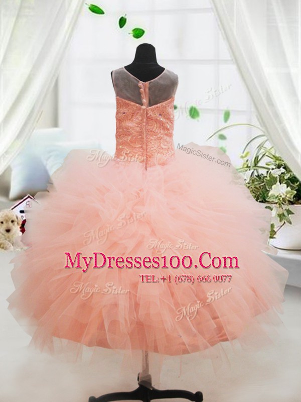 Delicate Peach Ball Gowns Scoop Sleeveless Tulle Floor Length Zipper Beading and Lace and Ruffles Flower Girl Dresses