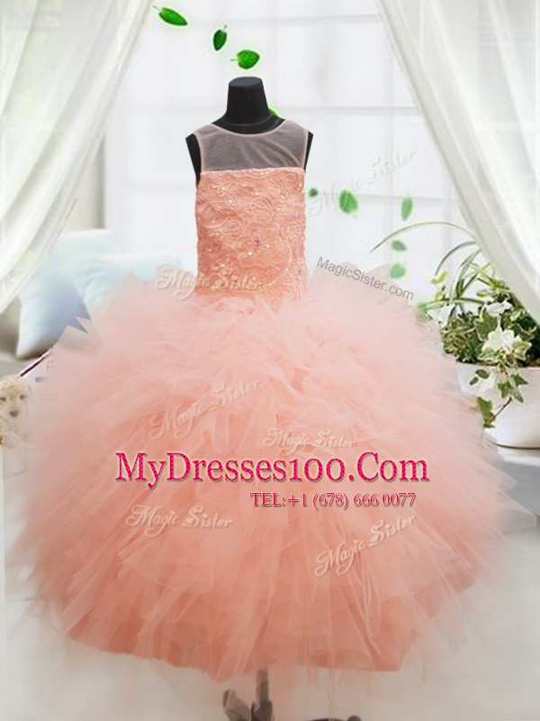 Delicate Peach Ball Gowns Scoop Sleeveless Tulle Floor Length Zipper Beading and Lace and Ruffles Flower Girl Dresses