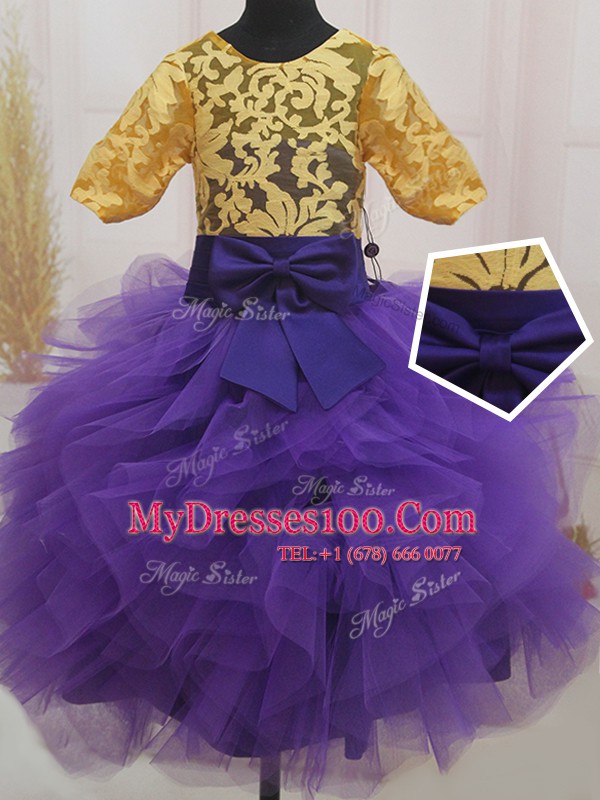 Scoop Mini Length Ball Gowns Short Sleeves Eggplant Purple and Gold Flower Girl Dress Zipper