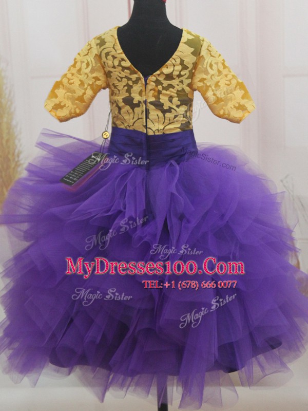 Scoop Mini Length Ball Gowns Short Sleeves Eggplant Purple and Gold Flower Girl Dress Zipper