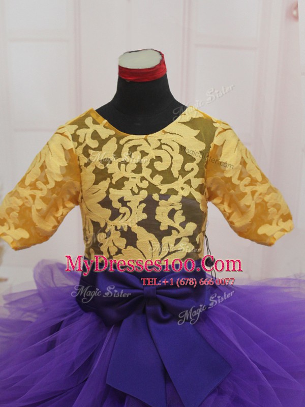 Scoop Mini Length Ball Gowns Short Sleeves Eggplant Purple and Gold Flower Girl Dress Zipper