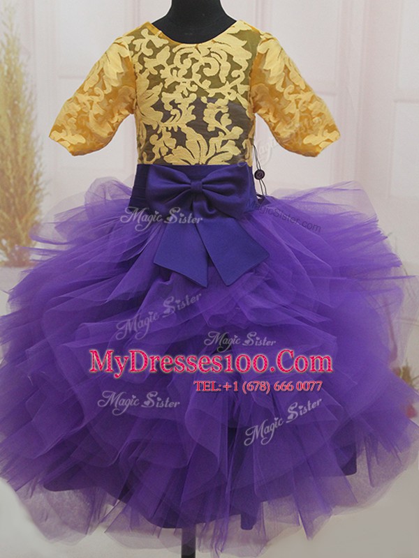Scoop Mini Length Ball Gowns Short Sleeves Eggplant Purple and Gold Flower Girl Dress Zipper
