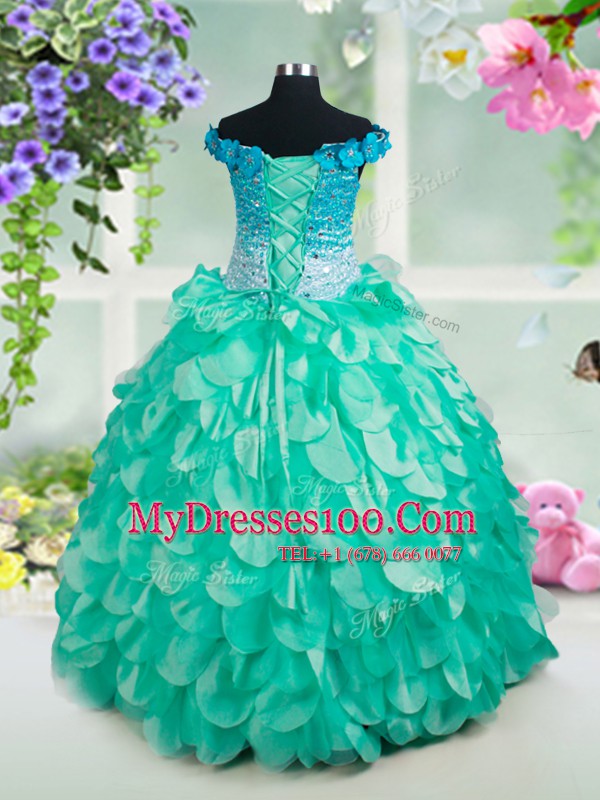 Off the Shoulder Organza Sleeveless Floor Length Flower Girl Dresses and Beading and Appliques and Ruffles
