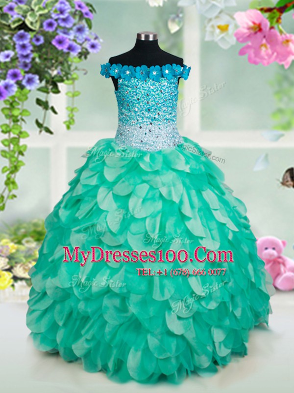 Off the Shoulder Organza Sleeveless Floor Length Flower Girl Dresses and Beading and Appliques and Ruffles