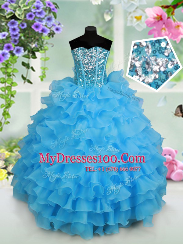 Dynamic Sequins Ruffled Floor Length Ball Gowns Sleeveless Baby Blue Flower Girl Dresses for Less Lace Up
