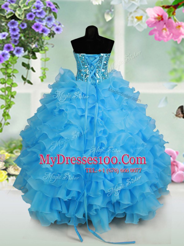 Dynamic Sequins Ruffled Floor Length Ball Gowns Sleeveless Baby Blue Flower Girl Dresses for Less Lace Up