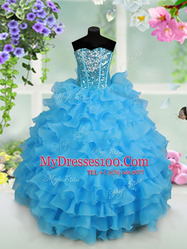 Dynamic Sequins Ruffled Floor Length Ball Gowns Sleeveless Baby Blue Flower Girl Dresses for Less Lace Up