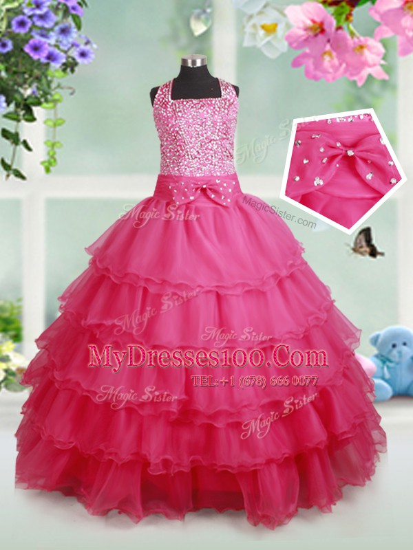 Stunning Hot Pink Organza Zipper Halter Top Sleeveless Floor Length Flower Girl Dress Beading and Ruffled Layers and Bowknot