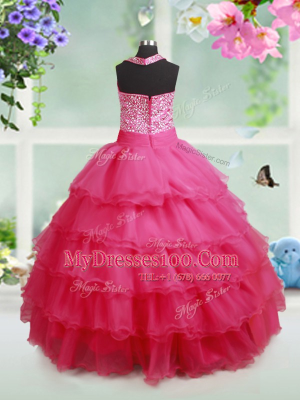 Stunning Hot Pink Organza Zipper Halter Top Sleeveless Floor Length Flower Girl Dress Beading and Ruffled Layers and Bowknot