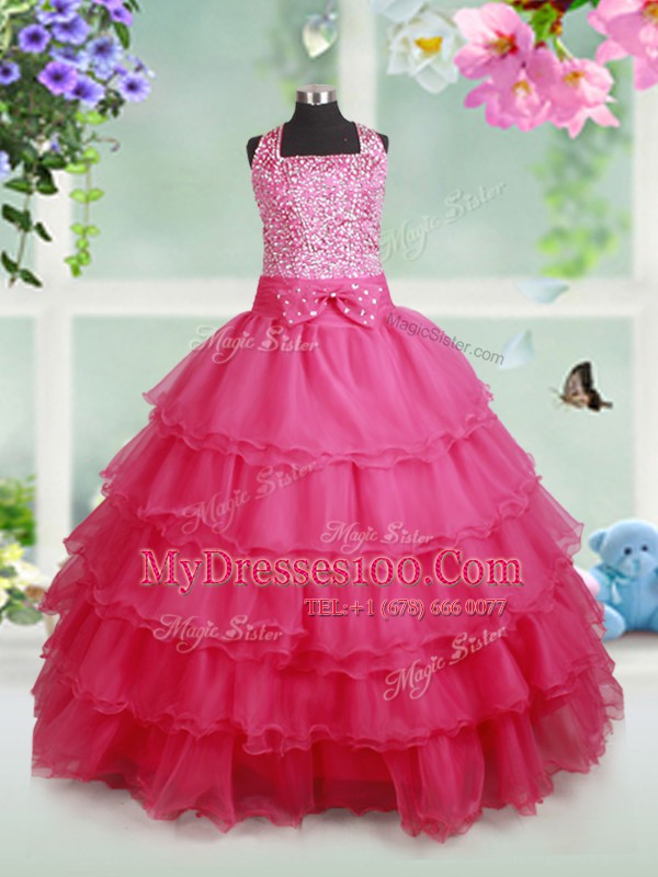 Stunning Hot Pink Organza Zipper Halter Top Sleeveless Floor Length Flower Girl Dress Beading and Ruffled Layers and Bowknot