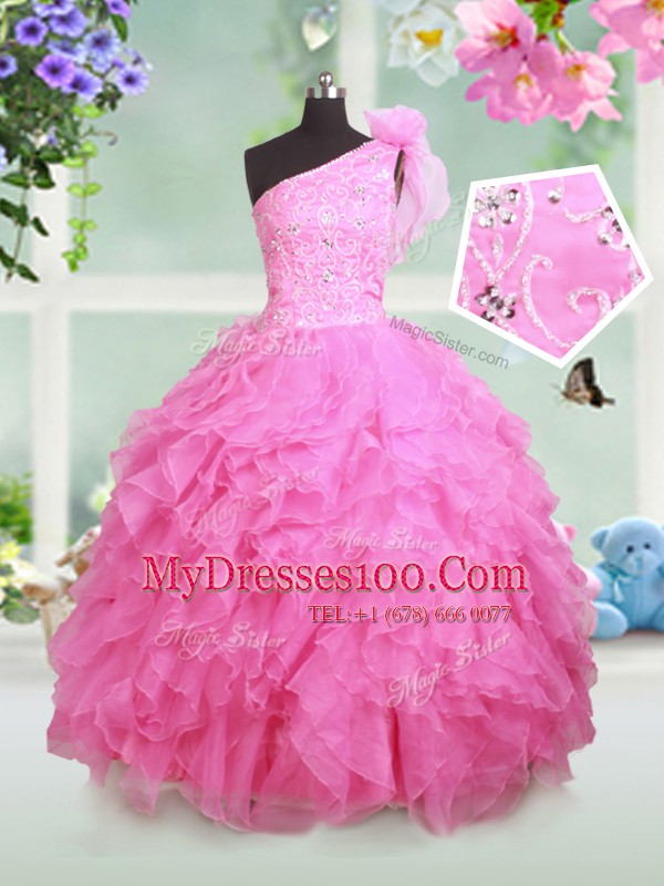 Dazzling Rose Pink Organza Lace Up One Shoulder Sleeveless Floor Length Kids Pageant Dress Beading and Ruffles and Hand Made Flower
