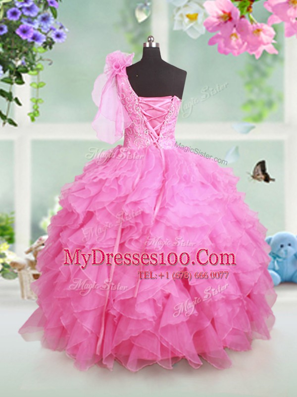 Dazzling Rose Pink Organza Lace Up One Shoulder Sleeveless Floor Length Kids Pageant Dress Beading and Ruffles and Hand Made Flower