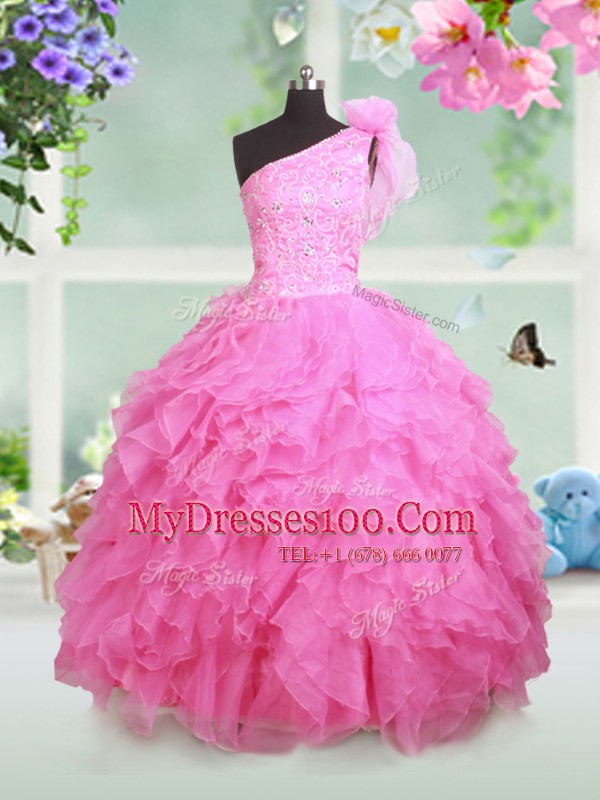 Dazzling Rose Pink Organza Lace Up One Shoulder Sleeveless Floor Length Kids Pageant Dress Beading and Ruffles and Hand Made Flower