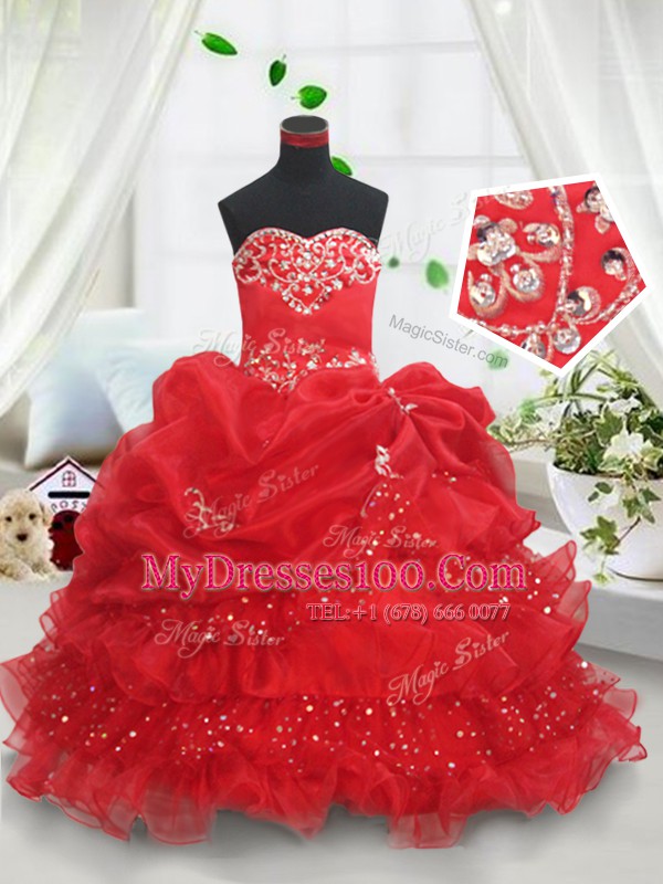 Floor Length Red Flower Girl Dresses Organza Sleeveless Beading and Ruffled Layers and Sequins and Pick Ups