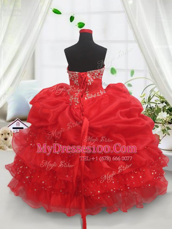 Floor Length Red Flower Girl Dresses Organza Sleeveless Beading and Ruffled Layers and Sequins and Pick Ups