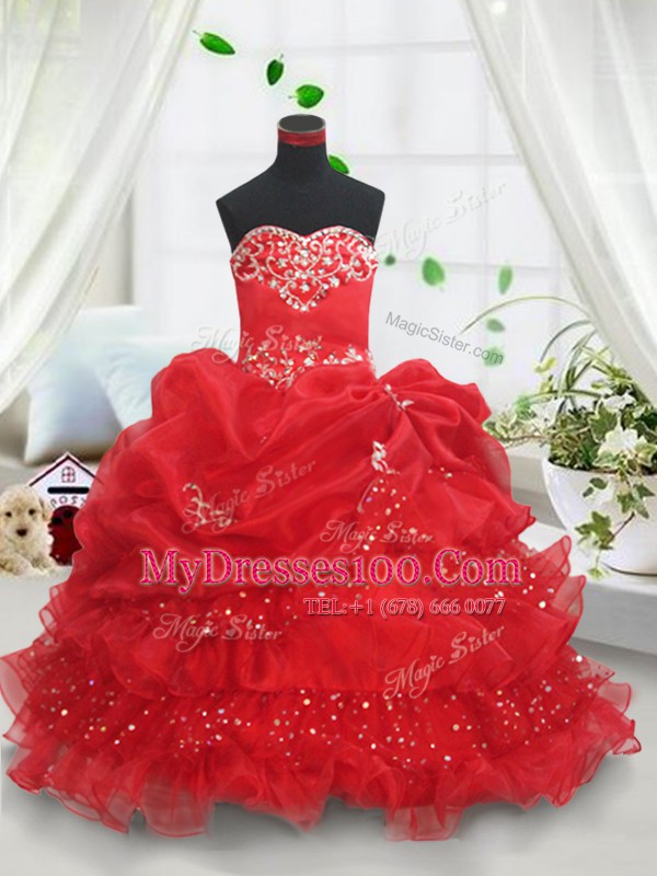 Floor Length Red Flower Girl Dresses Organza Sleeveless Beading and Ruffled Layers and Sequins and Pick Ups