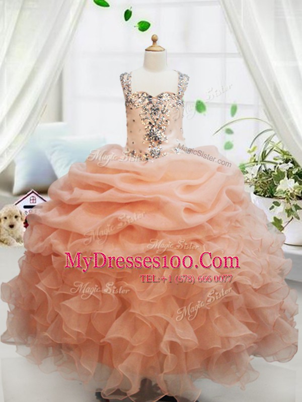 Beautiful Straps Beading and Ruffles and Pick Ups Kids Pageant Dress Orange Zipper Sleeveless Floor Length