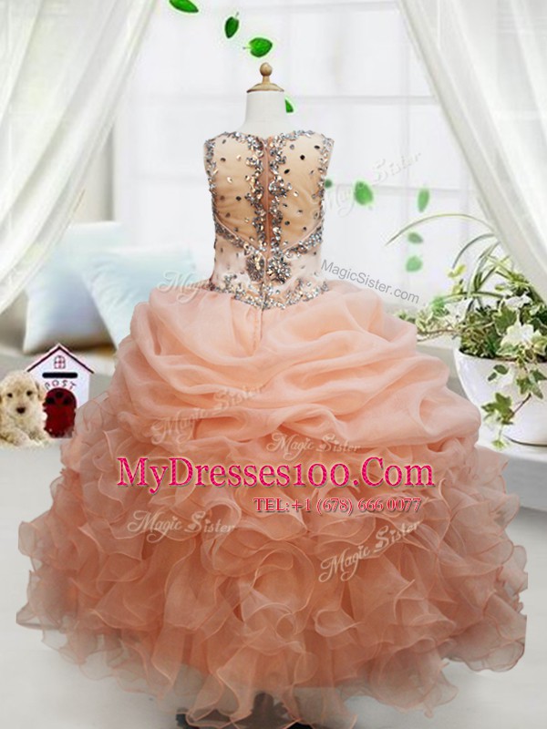 Beautiful Straps Beading and Ruffles and Pick Ups Kids Pageant Dress Orange Zipper Sleeveless Floor Length