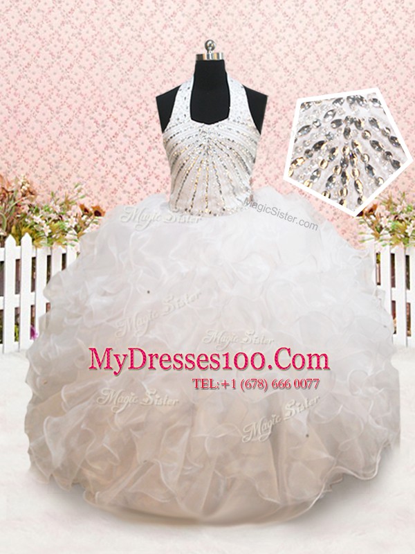 Admirable Halter Top White Ball Gowns Beading and Ruffles Little Girls Pageant Dress Wholesale Lace Up Organza Sleeveless Floor Length