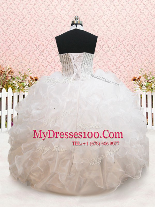 Admirable Halter Top White Ball Gowns Beading and Ruffles Little Girls Pageant Dress Wholesale Lace Up Organza Sleeveless Floor Length