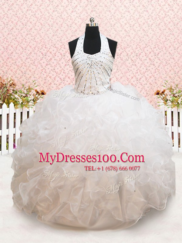 Admirable Halter Top White Ball Gowns Beading and Ruffles Little Girls Pageant Dress Wholesale Lace Up Organza Sleeveless Floor Length