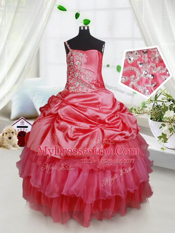 Floor Length Lace Up Flower Girl Dresses for Less Red for Quinceanera and Wedding Party with Beading and Ruffled Layers