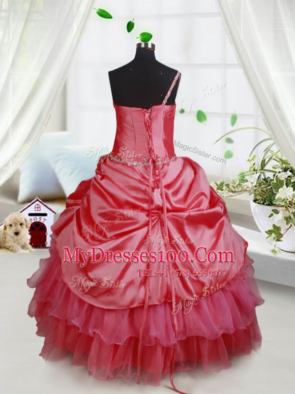 Floor Length Lace Up Flower Girl Dresses for Less Red for Quinceanera and Wedding Party with Beading and Ruffled Layers