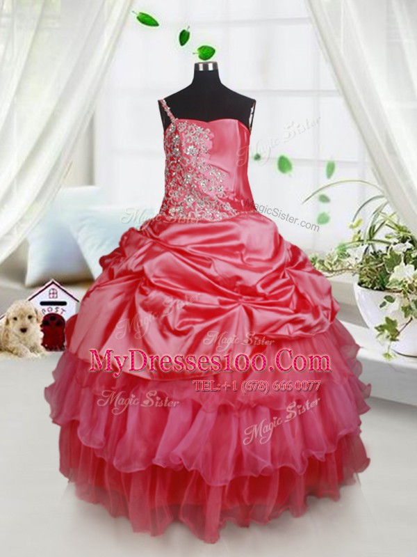 Floor Length Lace Up Flower Girl Dresses for Less Red for Quinceanera and Wedding Party with Beading and Ruffled Layers