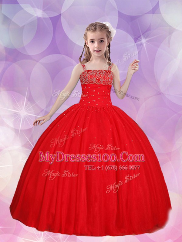 Artistic Red Tulle Lace Up Straps Sleeveless Floor Length Flower Girl Dresses Beading
