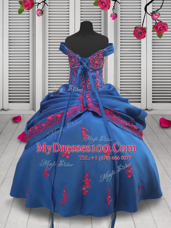 Pick Ups Off The Shoulder Sleeveless Lace Up Flower Girl Dresses for Less Blue Taffeta