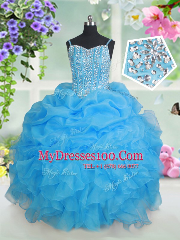 Artistic Beading and Ruffles and Pick Ups Flower Girl Dresses Baby Blue Lace Up Sleeveless Floor Length