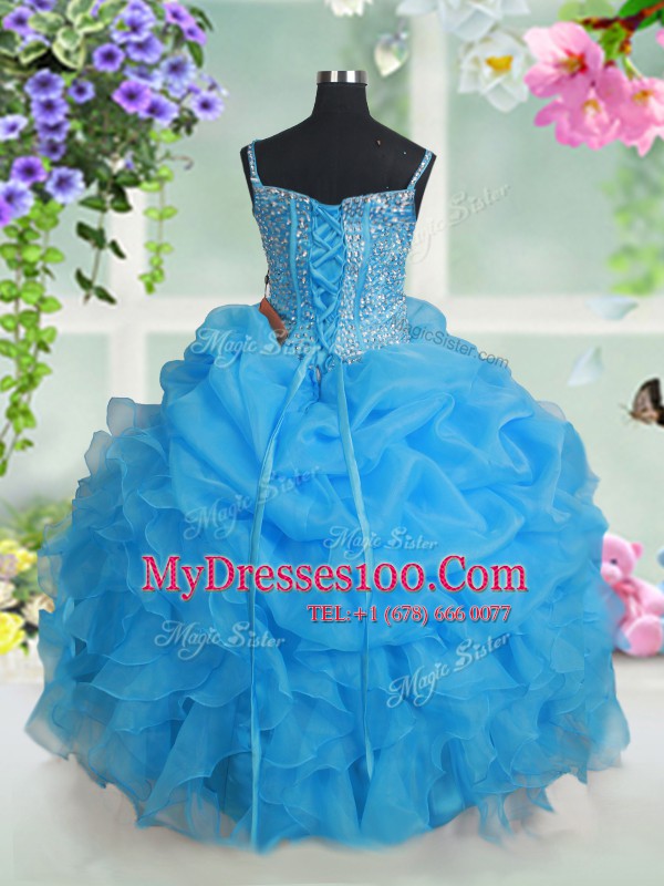 Artistic Beading and Ruffles and Pick Ups Flower Girl Dresses Baby Blue Lace Up Sleeveless Floor Length