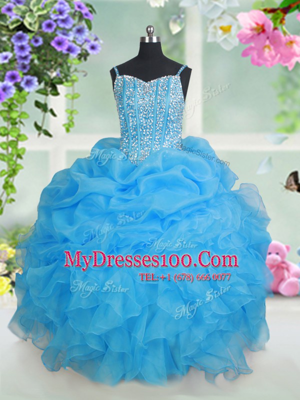 Artistic Beading and Ruffles and Pick Ups Flower Girl Dresses Baby Blue Lace Up Sleeveless Floor Length