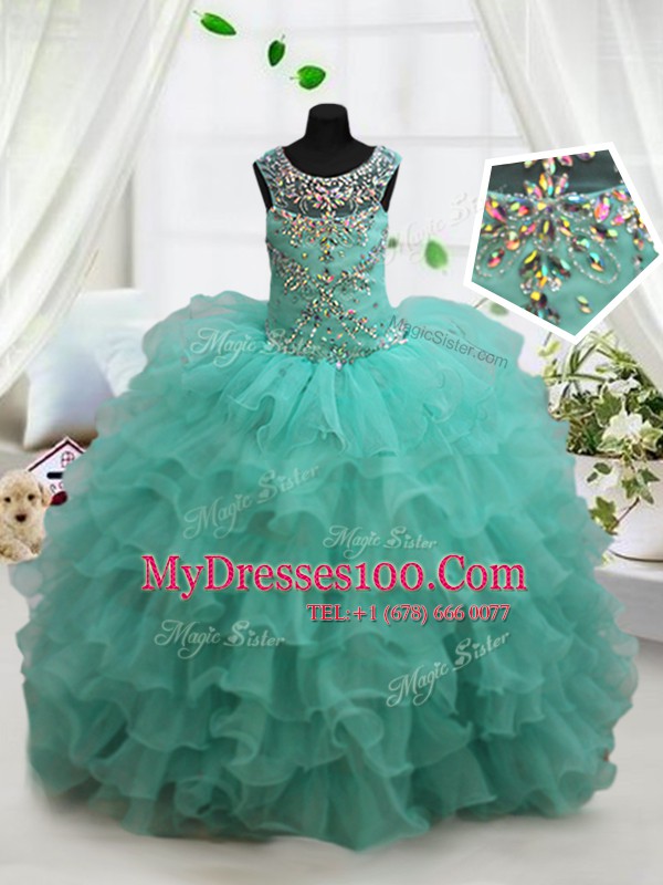 Suitable Scoop Sleeveless Floor Length Beading and Ruffled Layers Lace Up Little Girls Pageant Gowns with Turquoise