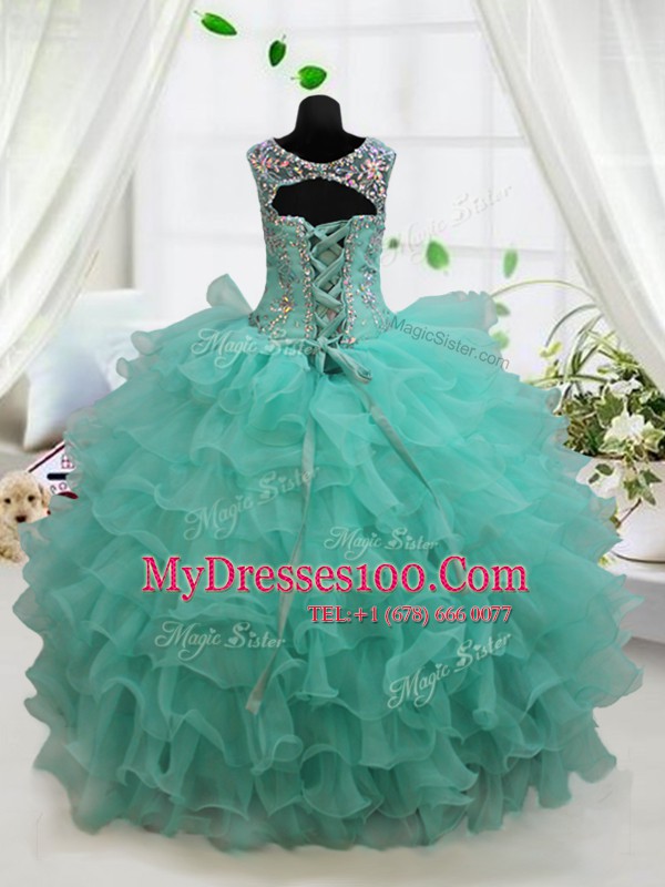 Suitable Scoop Sleeveless Floor Length Beading and Ruffled Layers Lace Up Little Girls Pageant Gowns with Turquoise