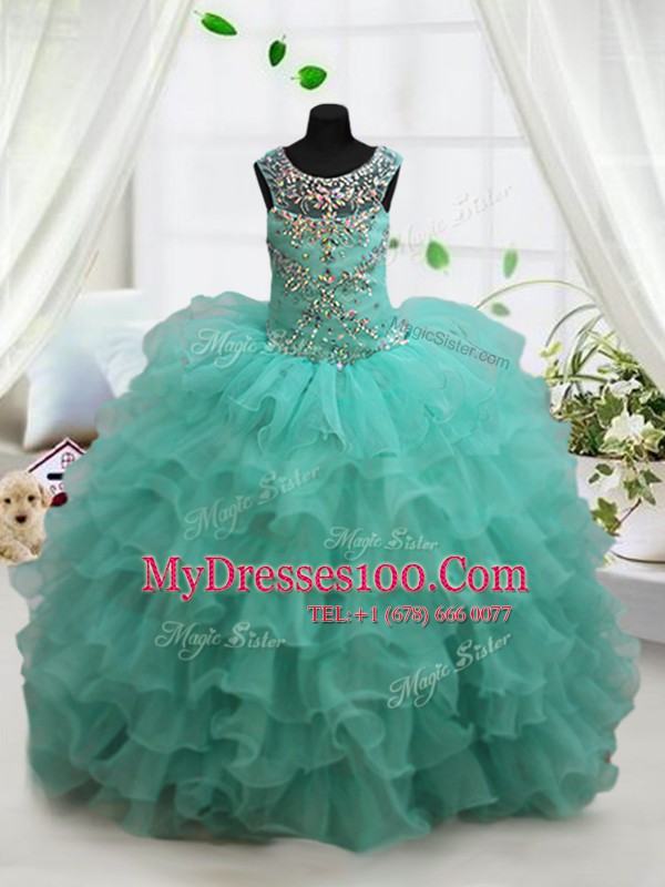 Suitable Scoop Sleeveless Floor Length Beading and Ruffled Layers Lace Up Little Girls Pageant Gowns with Turquoise