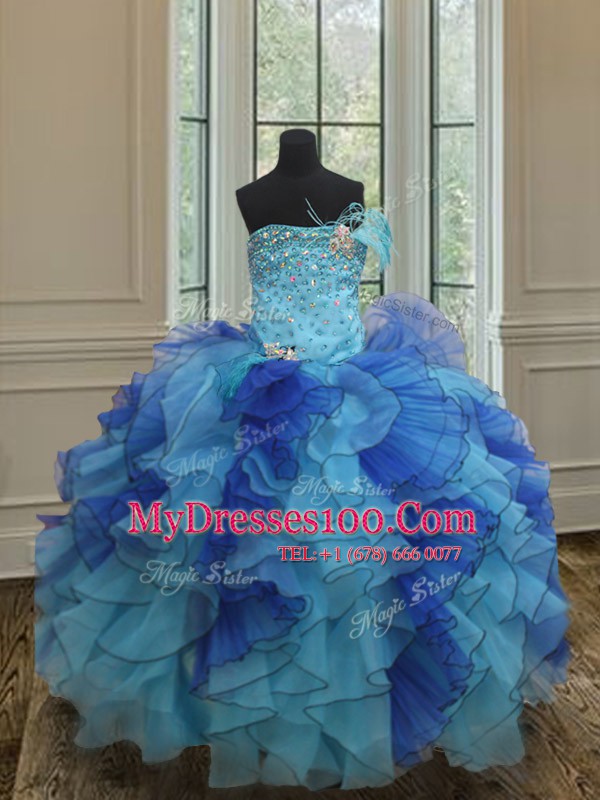 New Arrival Blue Lace Up Strapless Beading and Ruffles Girls Pageant Dresses Organza Sleeveless